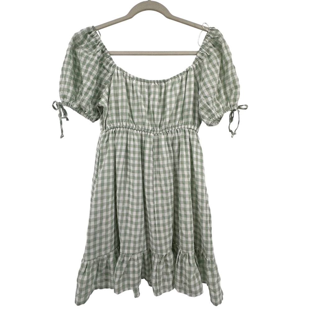 Smocked Puff Sleeve Gingham Mini Dress - Sage Green